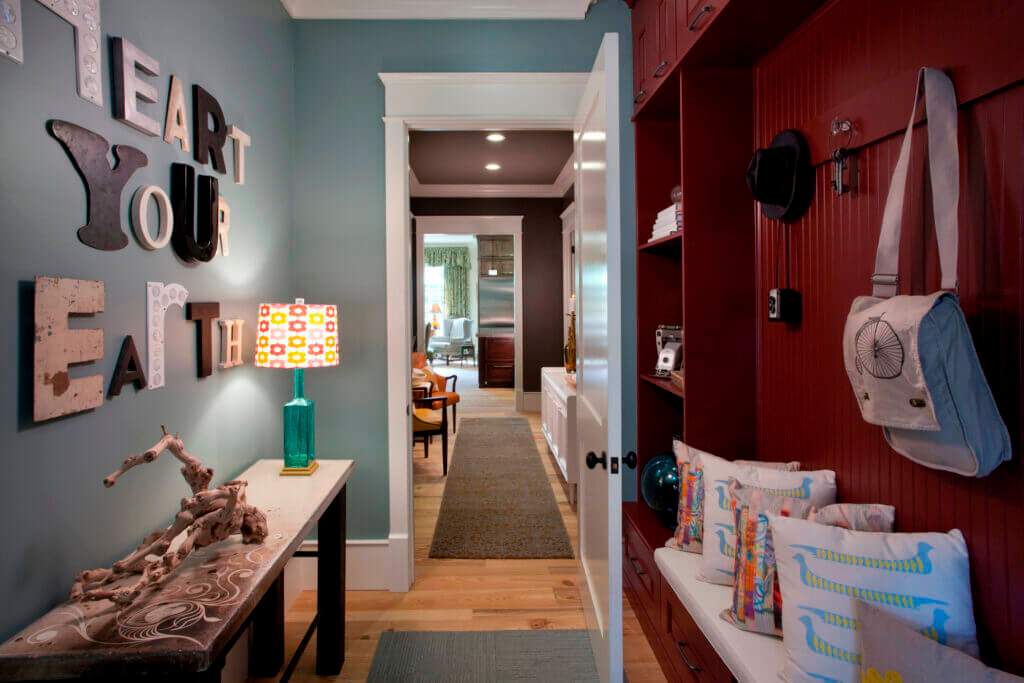 small space mudroom red cabinets and bench seat