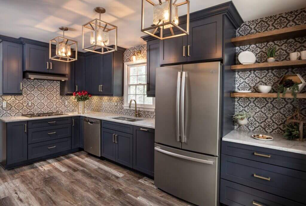 kitchen with gray-blue cabinets