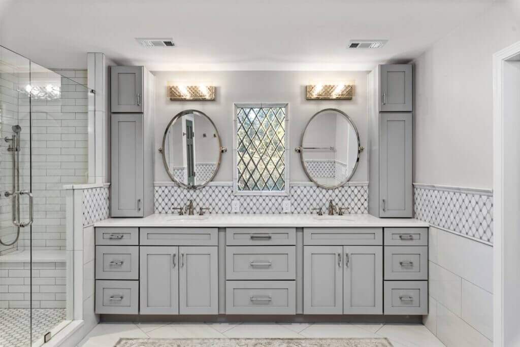 gray bathroom vanity with double sink